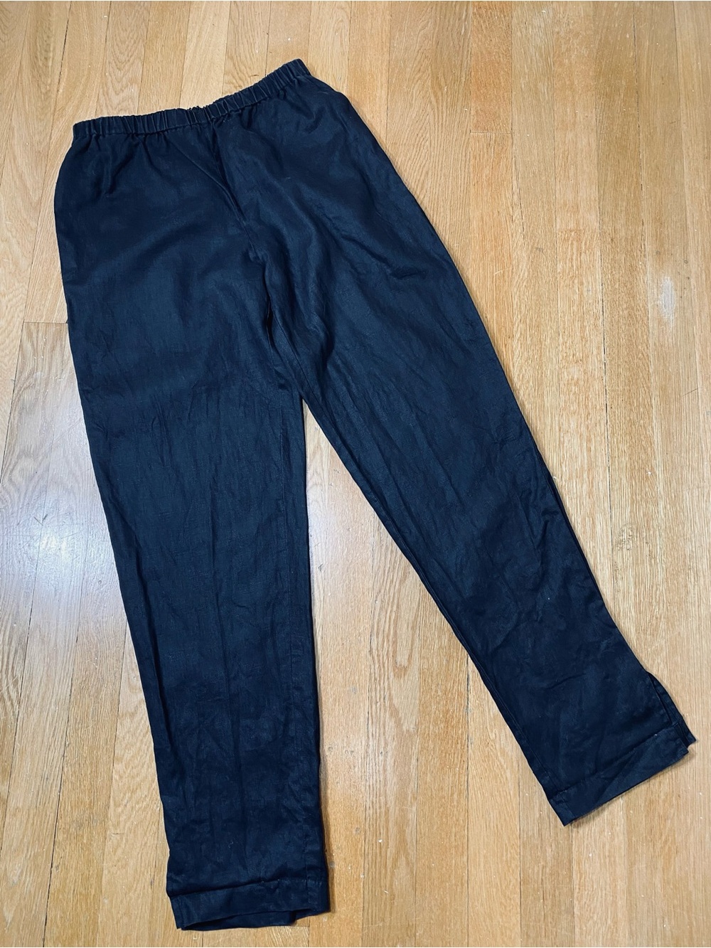 Courtney Washington Black Elastic-Waist 100% Linen Pants Back Zipper XS